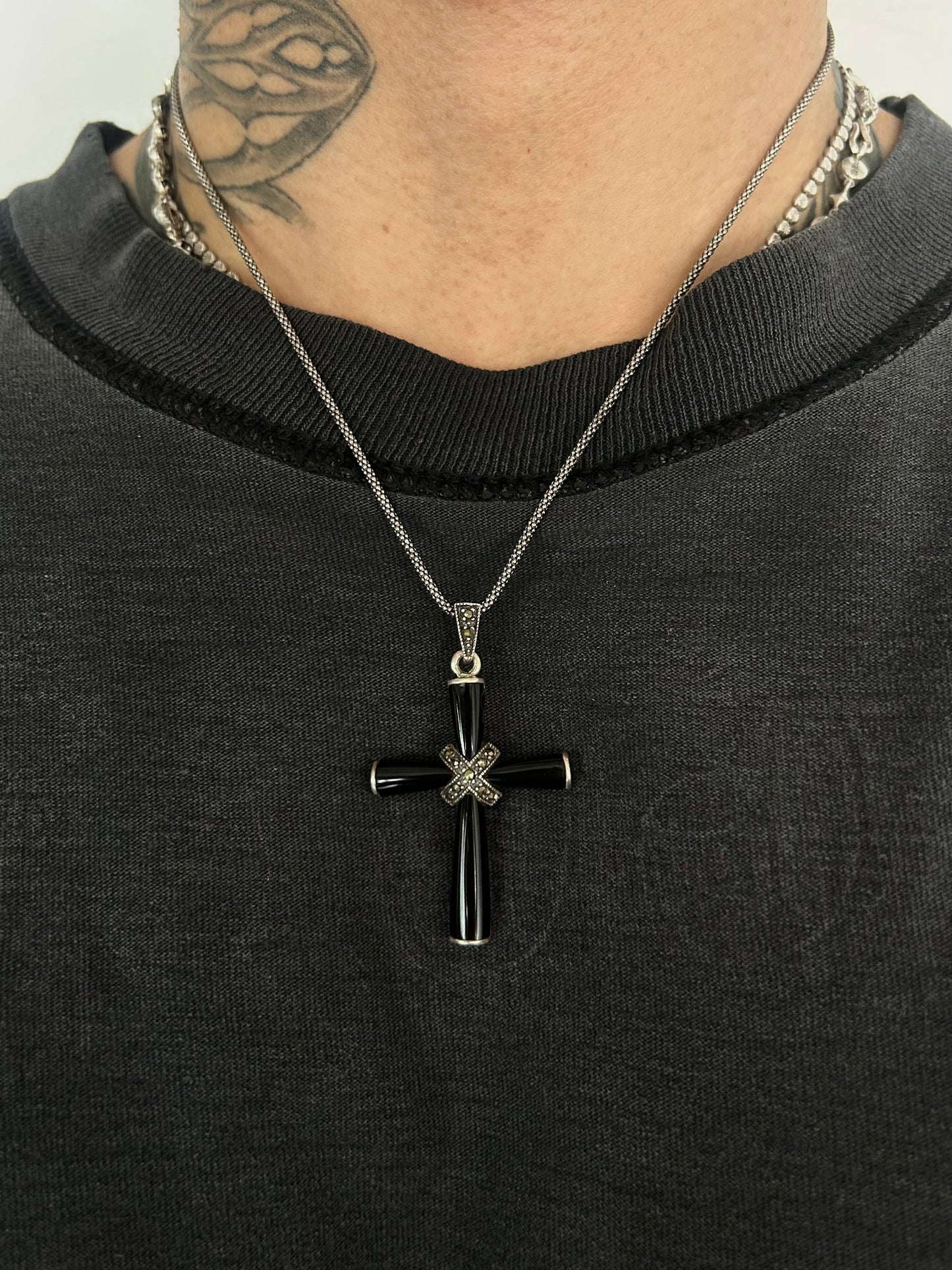 Vintage Silver 925 Cross Black Enamel Necklace