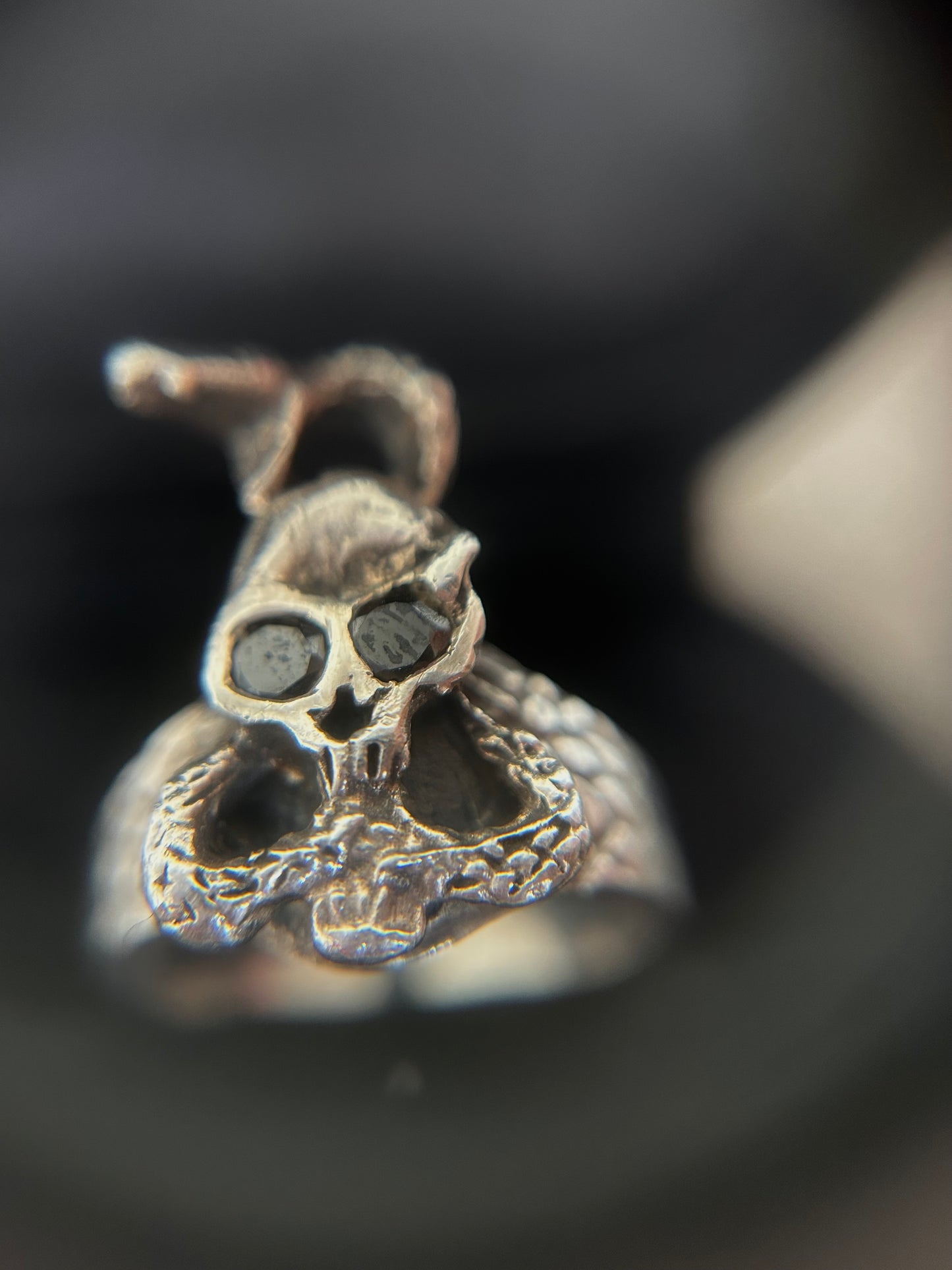 Vintage Silver 925 Serpent Skull Onyx Ring