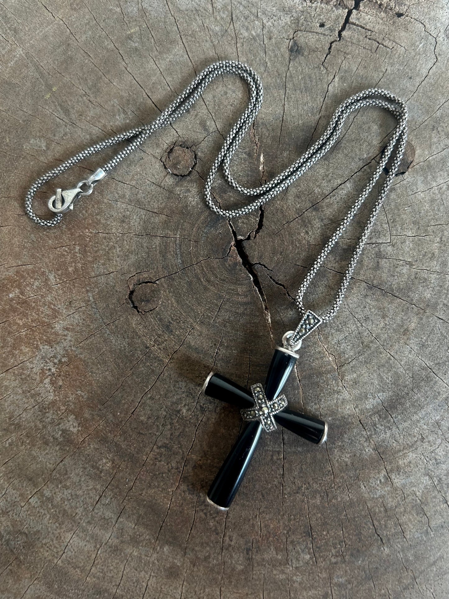 Vintage Silver 925 Cross Black Enamel Necklace