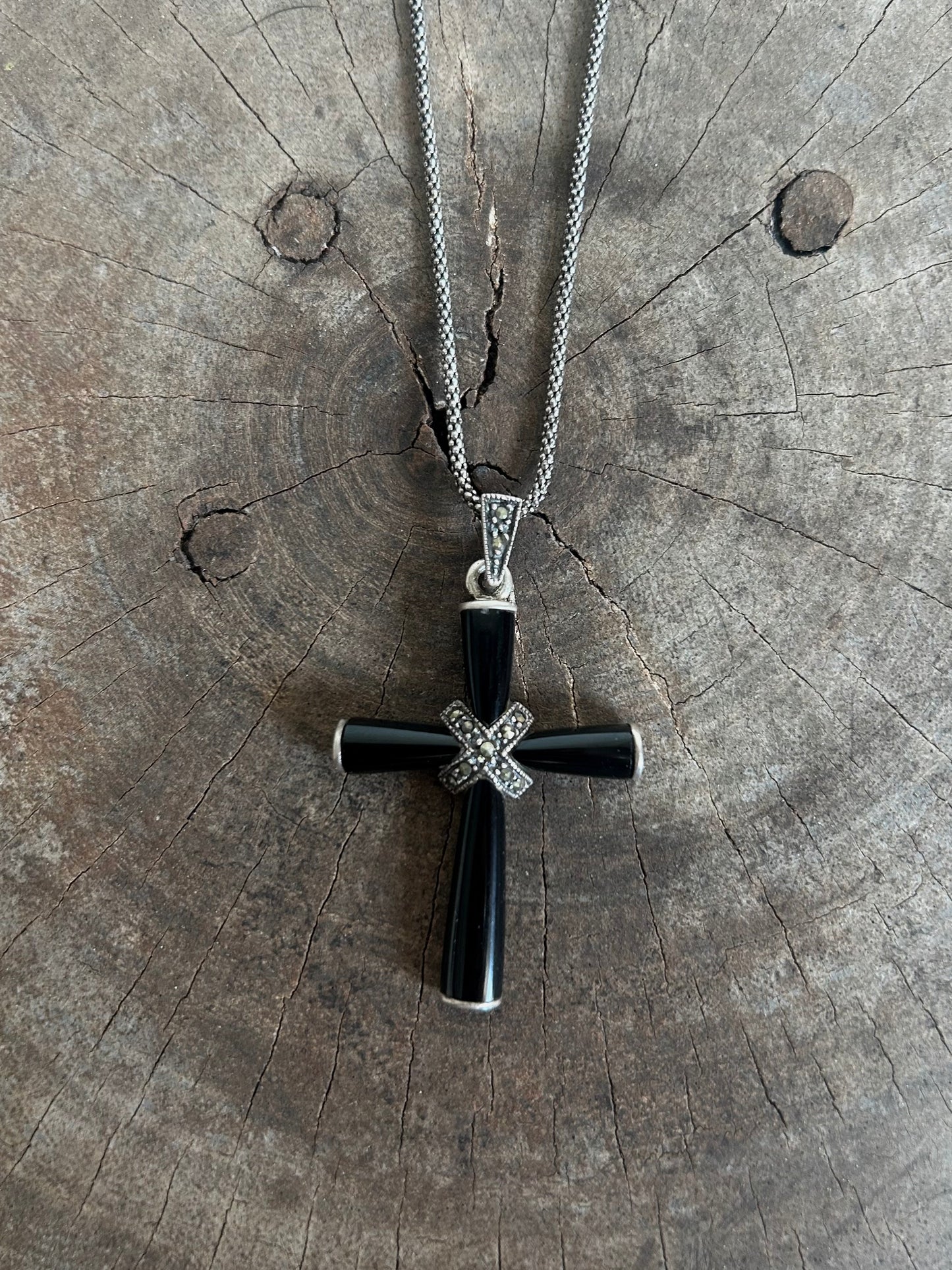 Vintage Silver 925 Cross Black Enamel Necklace