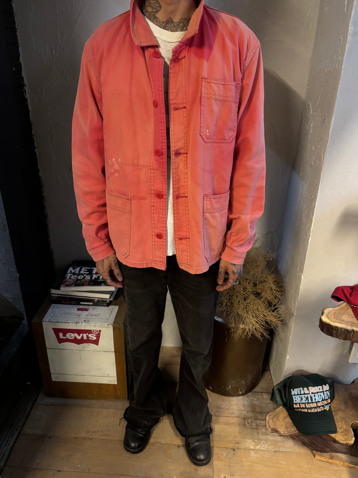 Vintage 1960s–70s French Work Jacket — Faded Red Twill
