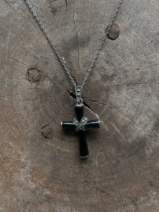 Vintage Silver 925 Cross Black Enamel Necklace