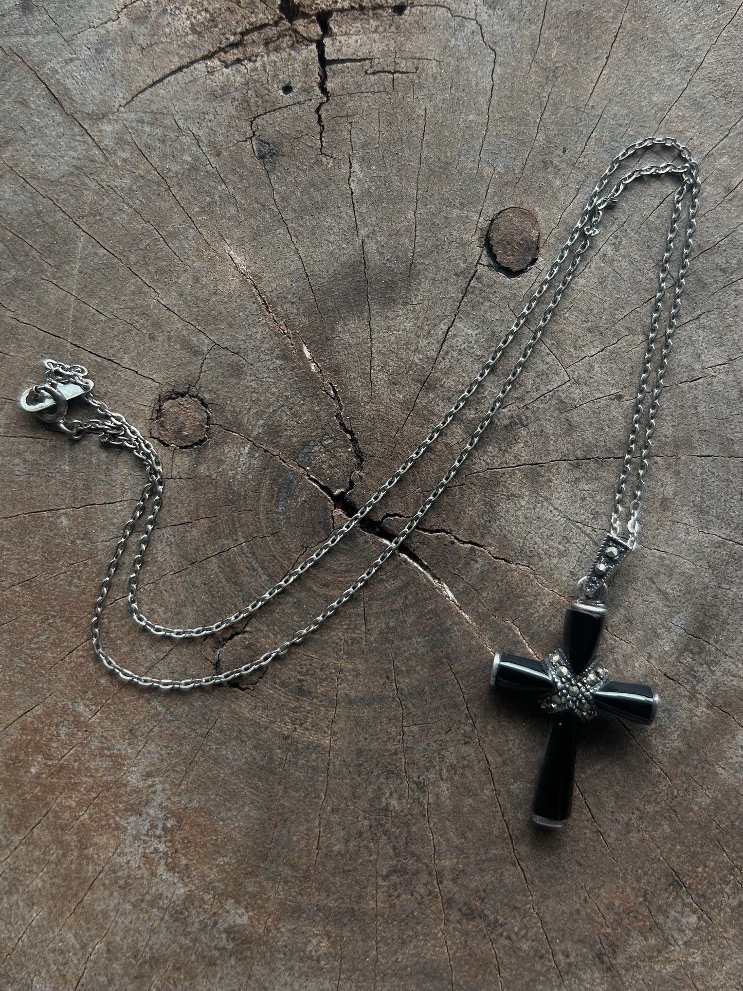 Vintage Silver 925 Cross Black Enamel Necklace