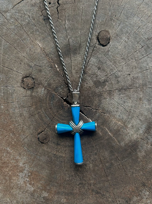 Vintage Silver 925 Cross Turquoise Enamel Necklace