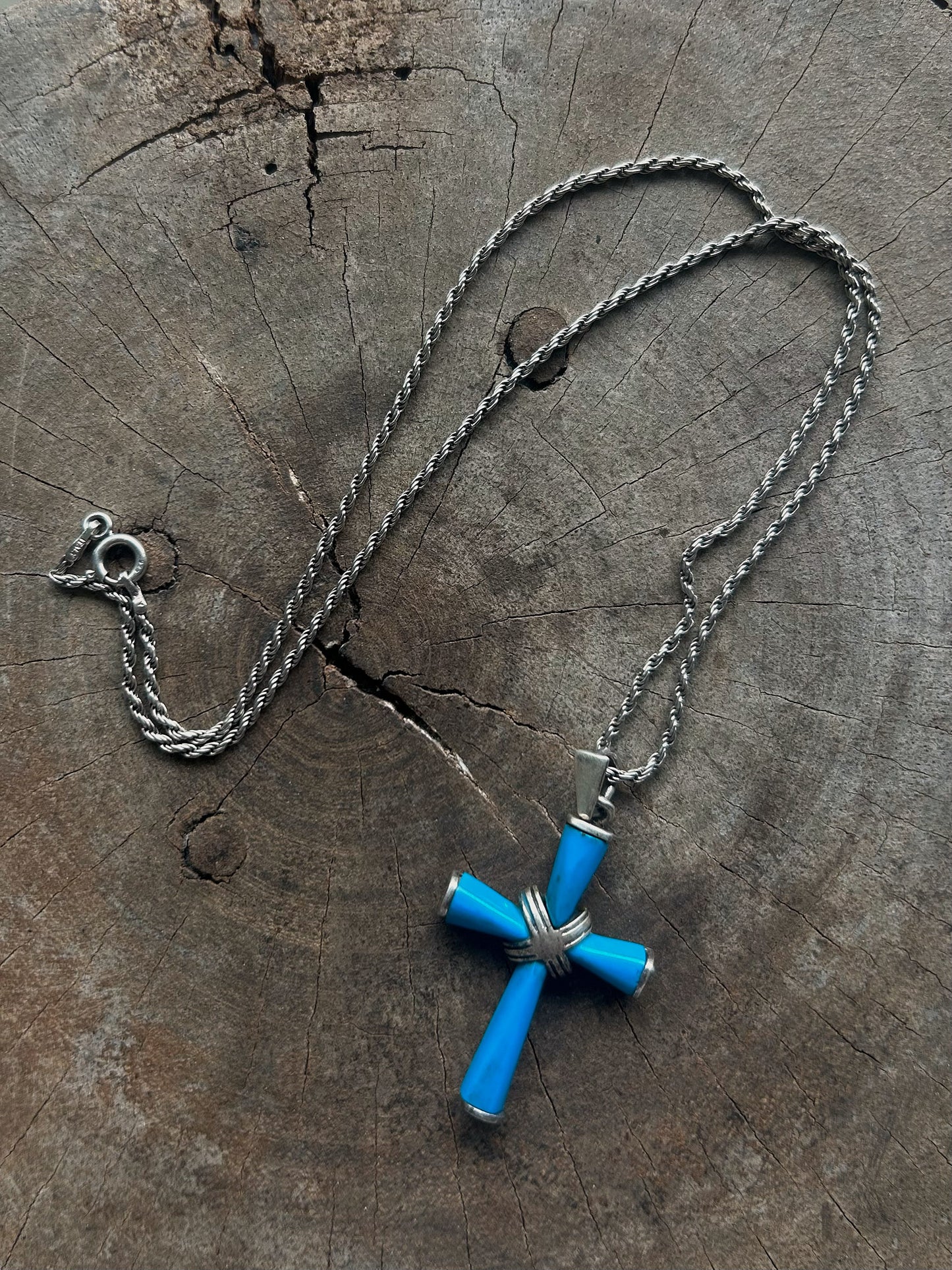 Vintage Silver 925 Cross Turquoise Enamel Necklace